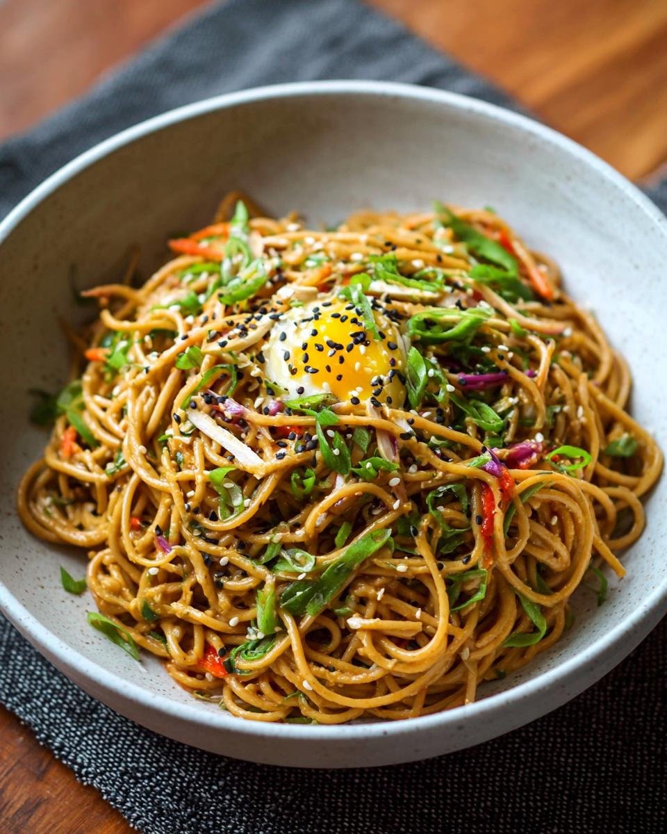 Gros plan de nouilles froides au sésame protéinées garnies d'un œuf au plat, d'oignons verts et de graines de sésame.