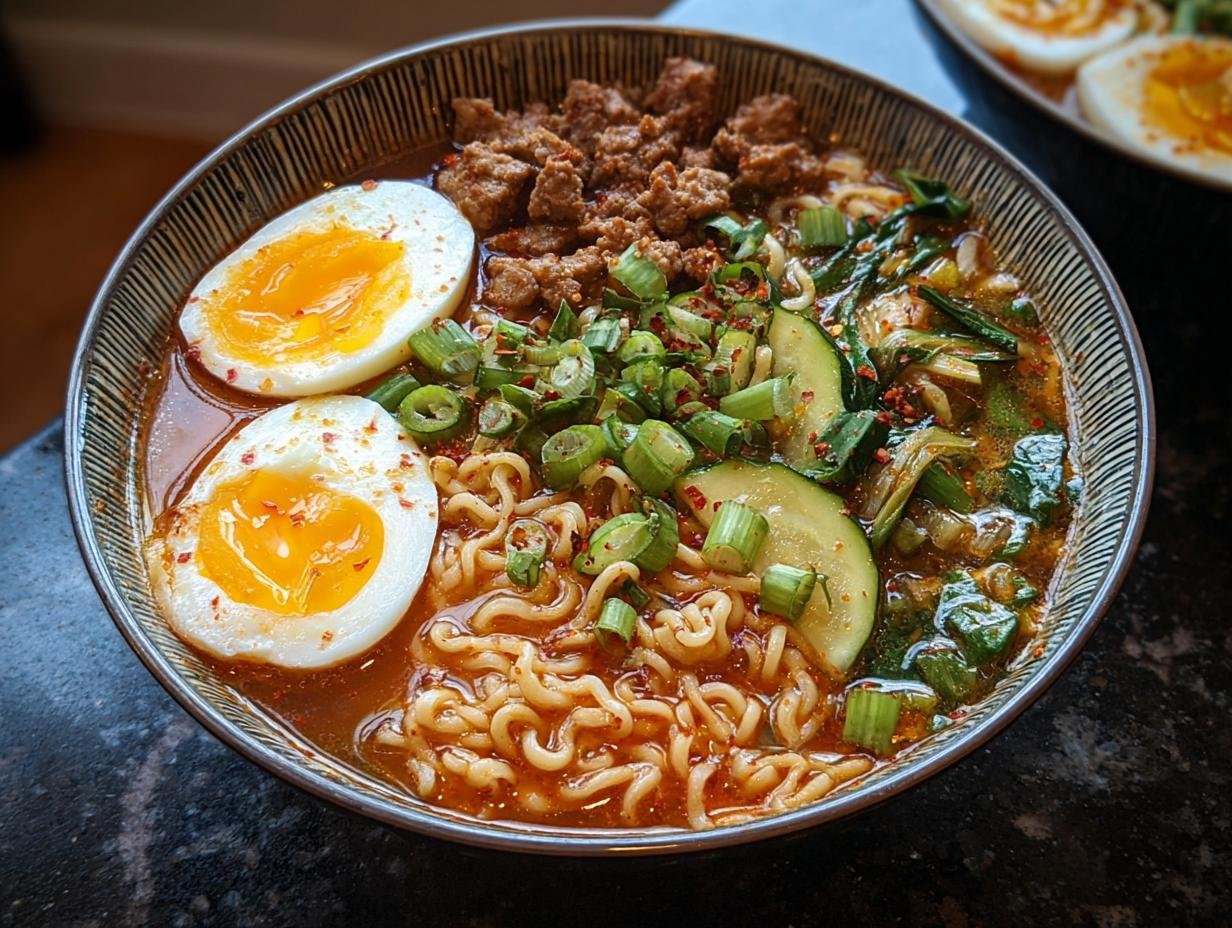 Bol de nouilles ramen haute protéine avec œuf mollet, viande hachée, courgettes et oignons verts.