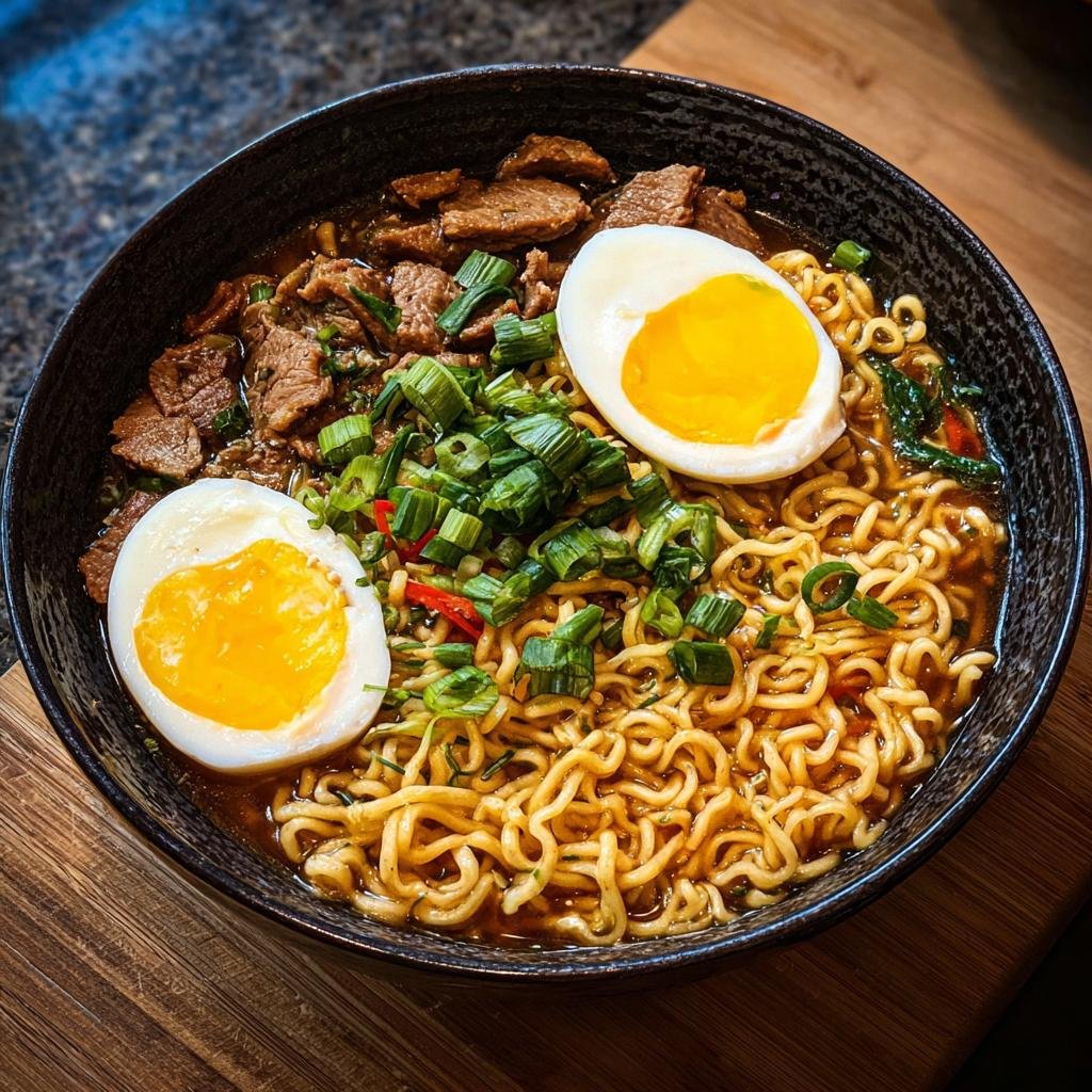 Gros plan d'un bol de nouilles ramen haute protéine garni de bœuf, d'œufs mollets et d'oignons verts.