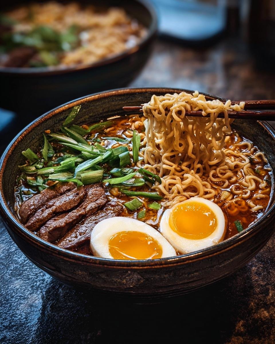 Gros plan sur un bol de Nouilles Ramen Haute Protéine avec du bœuf tranché, deux moitiés d'œuf mollet et des oignons verts.