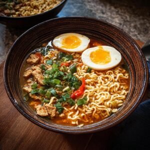 Nouilles Ramen Haute Protéine : 2 bols puissants 5 Gros plan d'un bol de Nouilles Ramen Haute Protéine, garni d'œufs mollets, de viande et d'oignons verts.