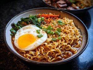 Gros plan d'un bol de nouilles ramen haute protéine, garni d'un œuf au plat, de légumes verts et de carottes râpées.