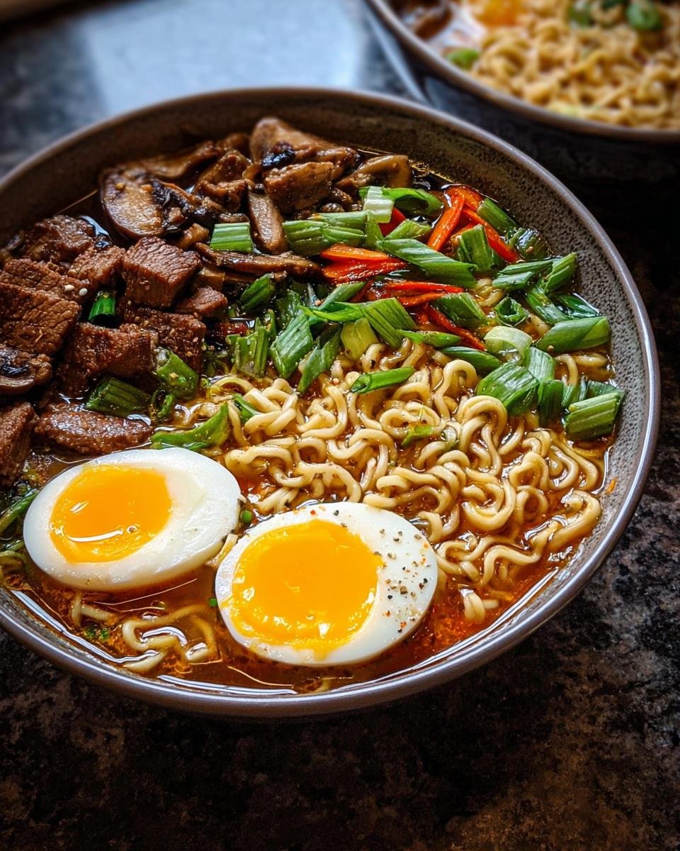 Gros plan sur un bol de nouilles ramen haute protéine avec des morceaux de bœuf, des champignons, des oignons verts, des carottes et deux moitiés d'œuf à la coque.