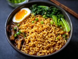 Nouilles Ramen : 4 Protéines Faciles et Rapides Gros plan sur un bol de nouilles ramen protéinées faciles avec œuf mollet, champignons et légumes verts.