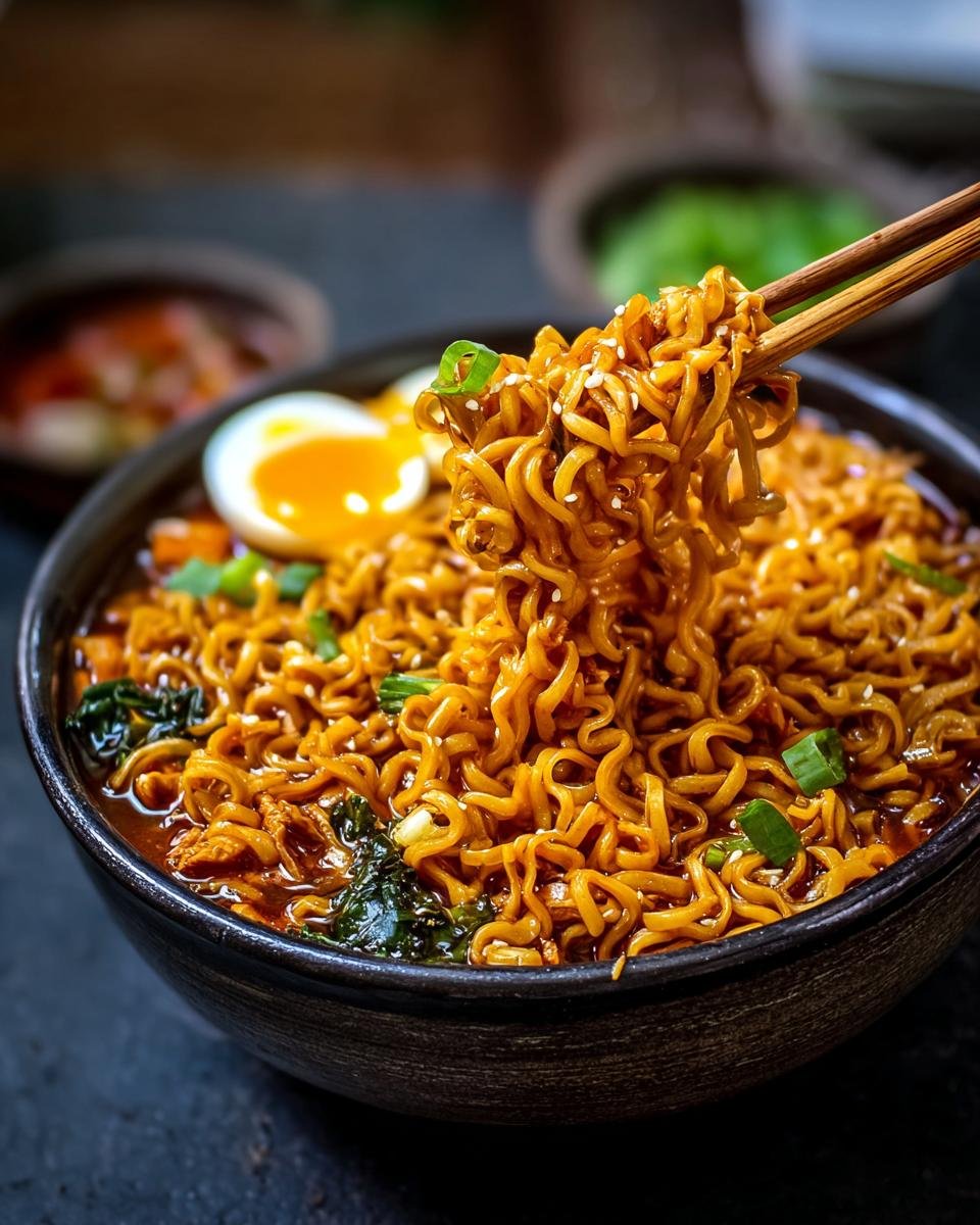 Gros plan sur des nouilles ramen protéinées faciles, garnies de graines de sésame et d'oignons verts, avec un œuf mollet.