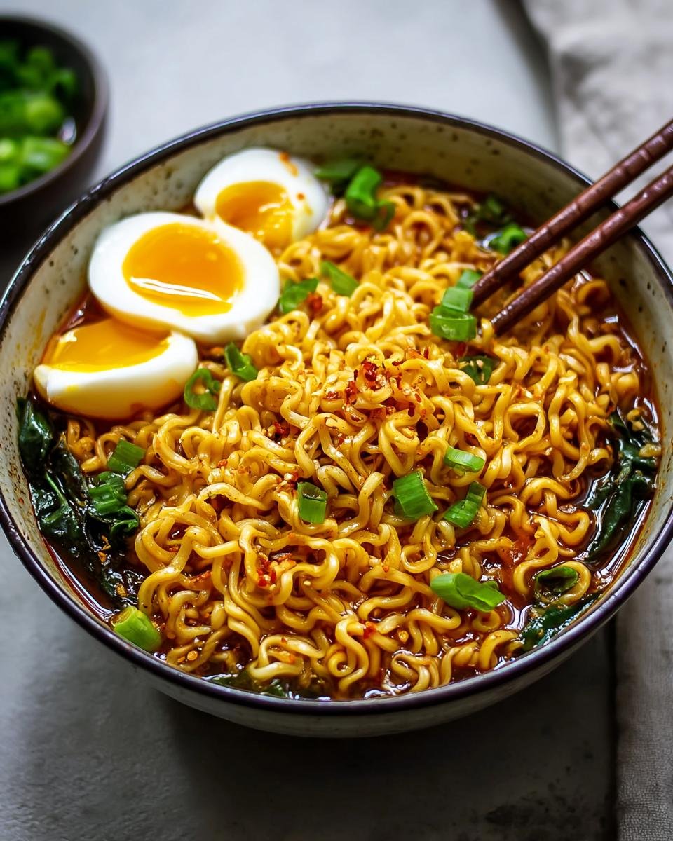 Bol de nouilles ramen protéinées faciles garnies d'œufs mollets, d'oignons verts et de flocons de piment.