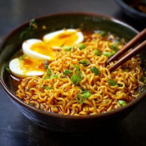 Gros plan sur des nouilles ramen protéinées faciles avec des œufs à moitié cuits et des oignons verts.