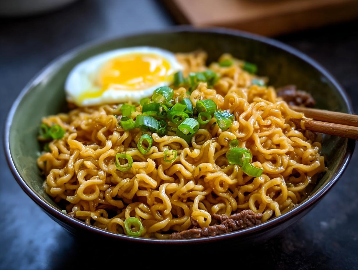 Gros plan de nouilles ramen protéinées faciles garnies d'un œuf au plat et d'oignons verts ciselés.