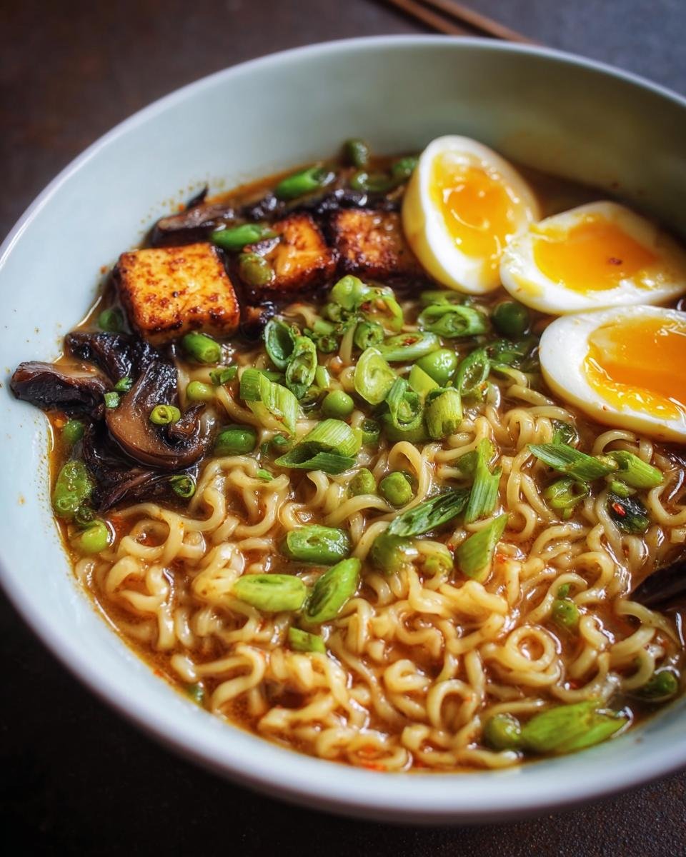 Gros plan sur un bol de Nouilles Ramen Vegan Protéinées avec tofu, œuf mollet, champignons et oignons verts.