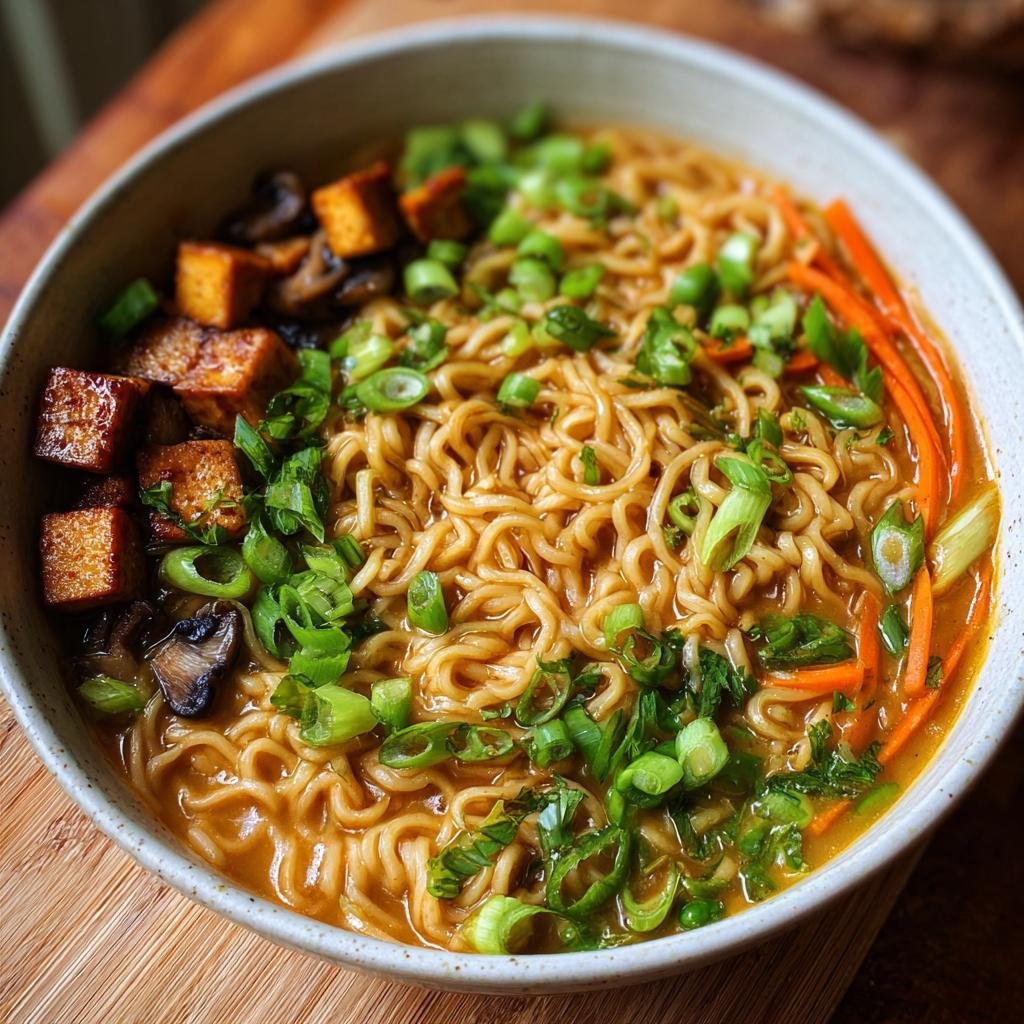 Bol de nouilles ramen vegan protéinées avec tofu croustillant, champignons et oignons verts.