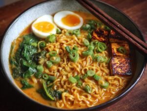 Nouilles Ramen : 20g Protéines Vegan Facile Gros plan sur un bol de nouilles ramen vegan protéinées avec tofu grillé, œuf mollet et épinards.