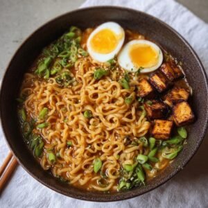 Nouilles Ramen : 20g Protéines Vegan Facile 4 Bol de nouilles ramen vegan protéinées avec tofu grillé, œuf mollet et oignons verts.