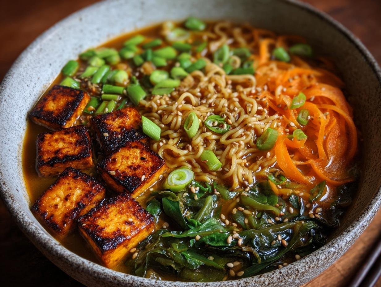 Bol de nouilles ramen vegan protéinées avec tofu grillé, carottes râpées, oignons verts et algues.