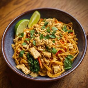 Nouilles Thaï Poulet Cacahuètes : 35 min festin 4 Bol de nouilles thaï au poulet, garni de cacahuètes concassées, coriandre fraîche et quartiers de citron vert.