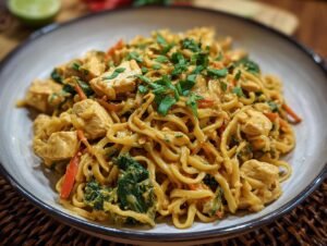 Plat de nouilles thaï au poulet, garni de coriandre fraîche, avec des légumes croquants.