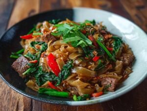 Nouilles Thaïlandaises Ivres : 30g Protéines Gros plan sur des nouilles thaïlandaises de rue avec du bœuf, des légumes verts et du piment rouge.