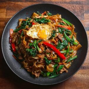 Gros plan de nouilles thaïlandaises de rue avec bœuf haché, légumes verts, poivrons rouges et un œuf au plat.