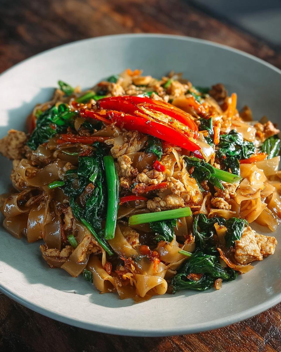 Gros plan sur des nouilles thaïlandaises de rue avec du poulet émietté, des légumes verts et des piments rouges.