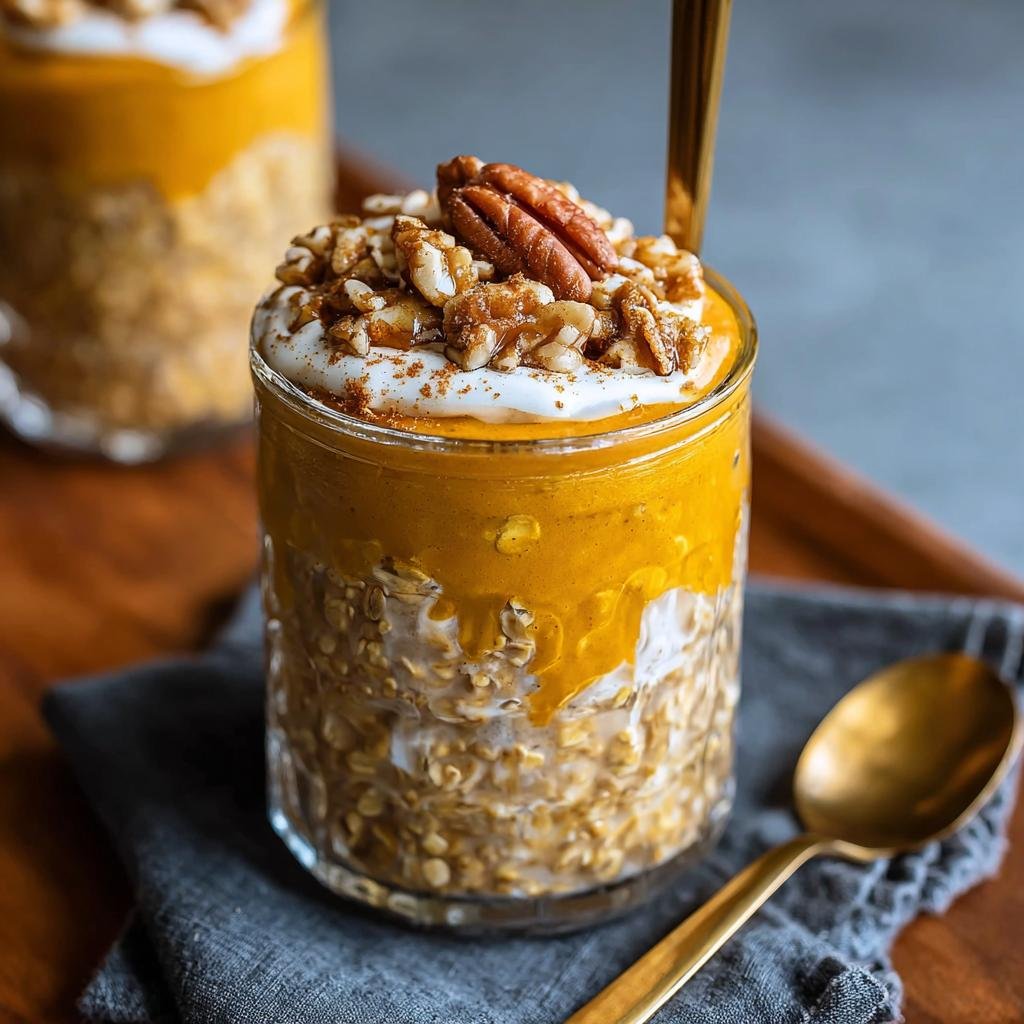Gros plan sur des Overnight Oats Citrouille Protéinés dans un bocal en verre, garni de noix et d'une noix de pécan.