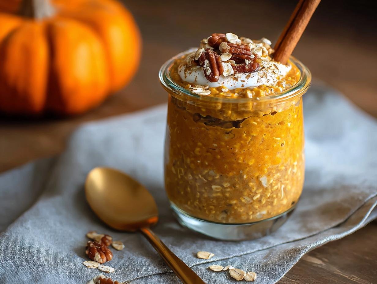 Gros plan d'Overnight Oats Citrouille Protéinés dans un bocal, garni de noix de pécan et d'une bâton de cannelle.