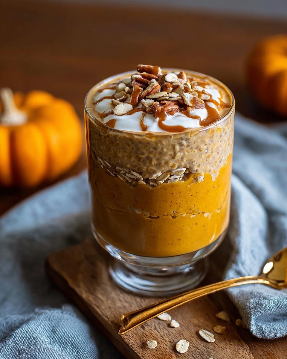 Verre de Overnight Oats Citrouille Protéinés avec yaourt, noix et filet de caramel.
