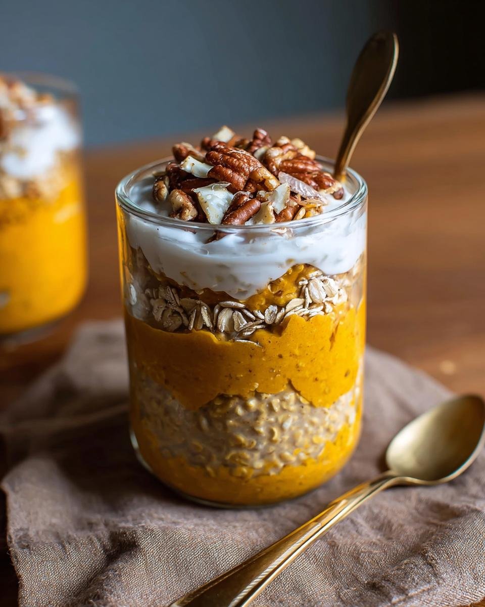 Gros plan d'Overnight Oats Citrouille Protéinés en couches dans un verre, garni de noix et de crème.