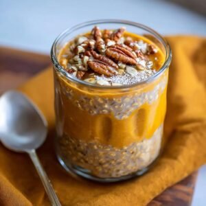 Overnight Oats Citrouille : 1 recette gourmande 5 Verre de Overnight Oats Citrouille Protéinés garni de noix et de graines de chia.