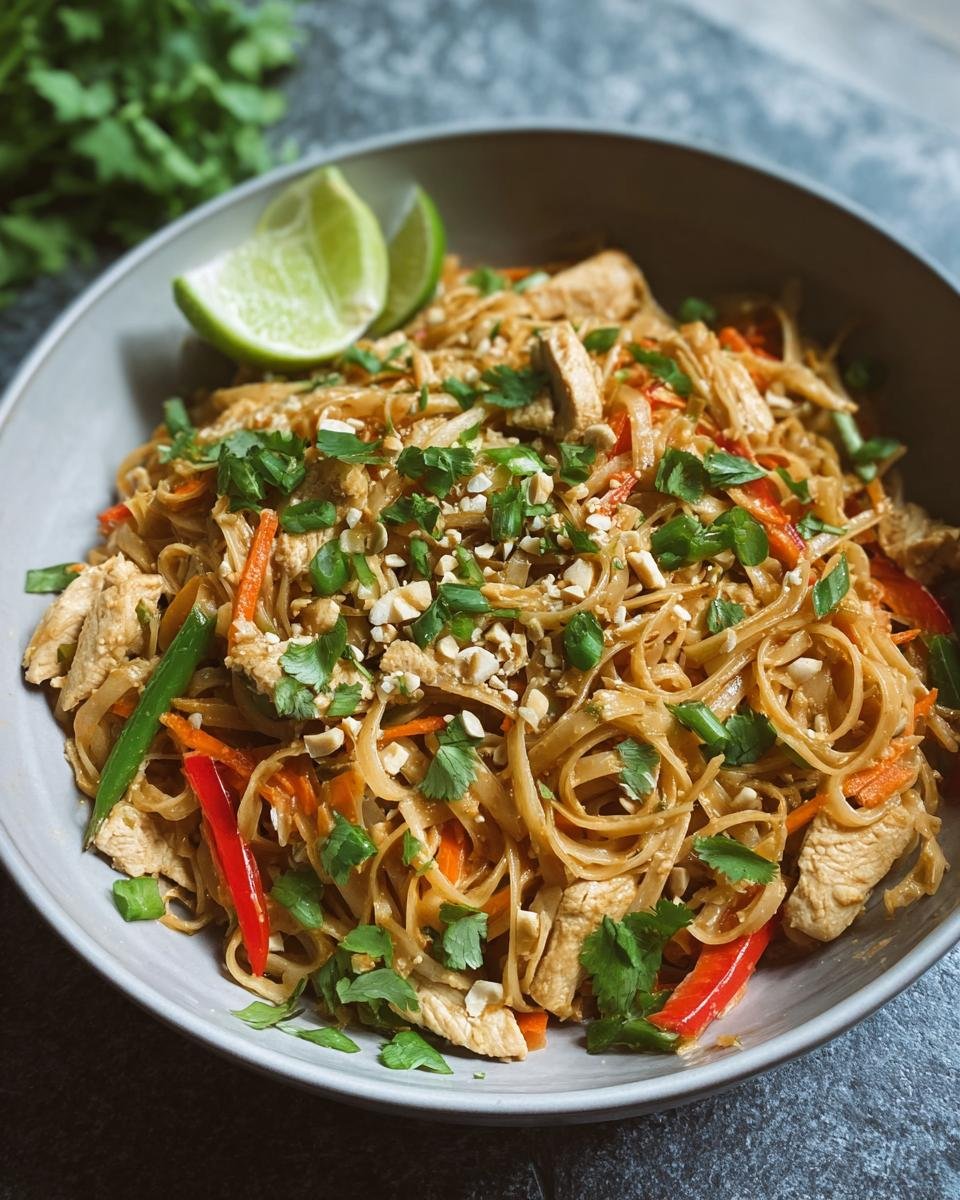 Gros plan d'une assiette de Pad Thaï au poulet sain avec des nouilles, des légumes et des cacahuètes concassées.