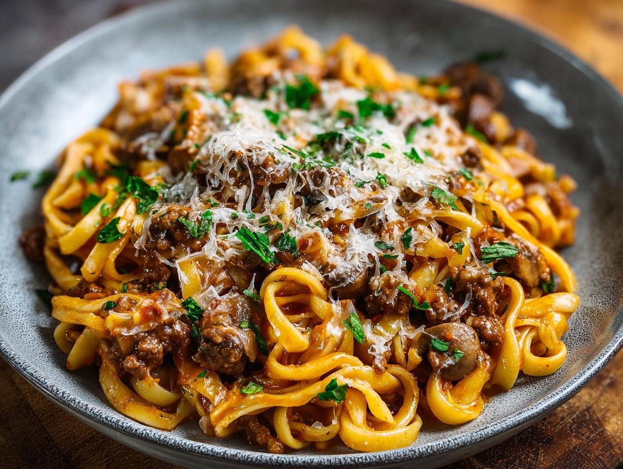 Gros plan de pâtes crémeuses au bœuf, garnies de parmesan râpé et de persil frais.
