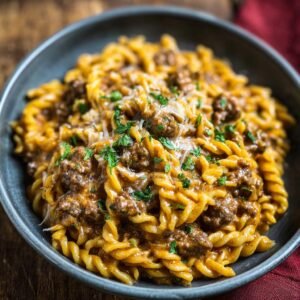 Gros plan de pâtes crémeuses au bœuf, garnies de parmesan râpé et de persil frais.