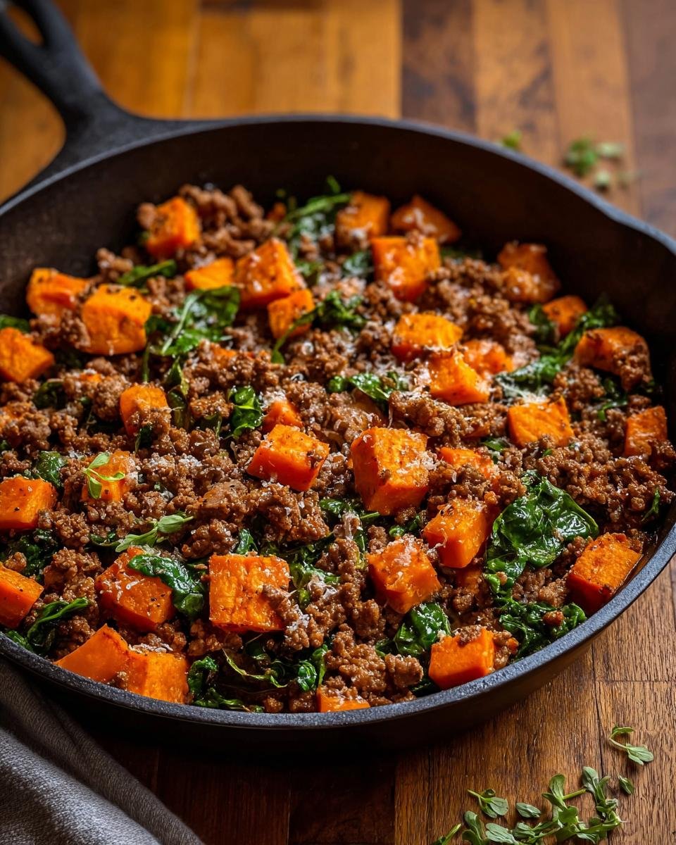 Gros plan d'une poêlée de bœuf haché et patate douce dans une poêle en fonte, garnie d'herbes.