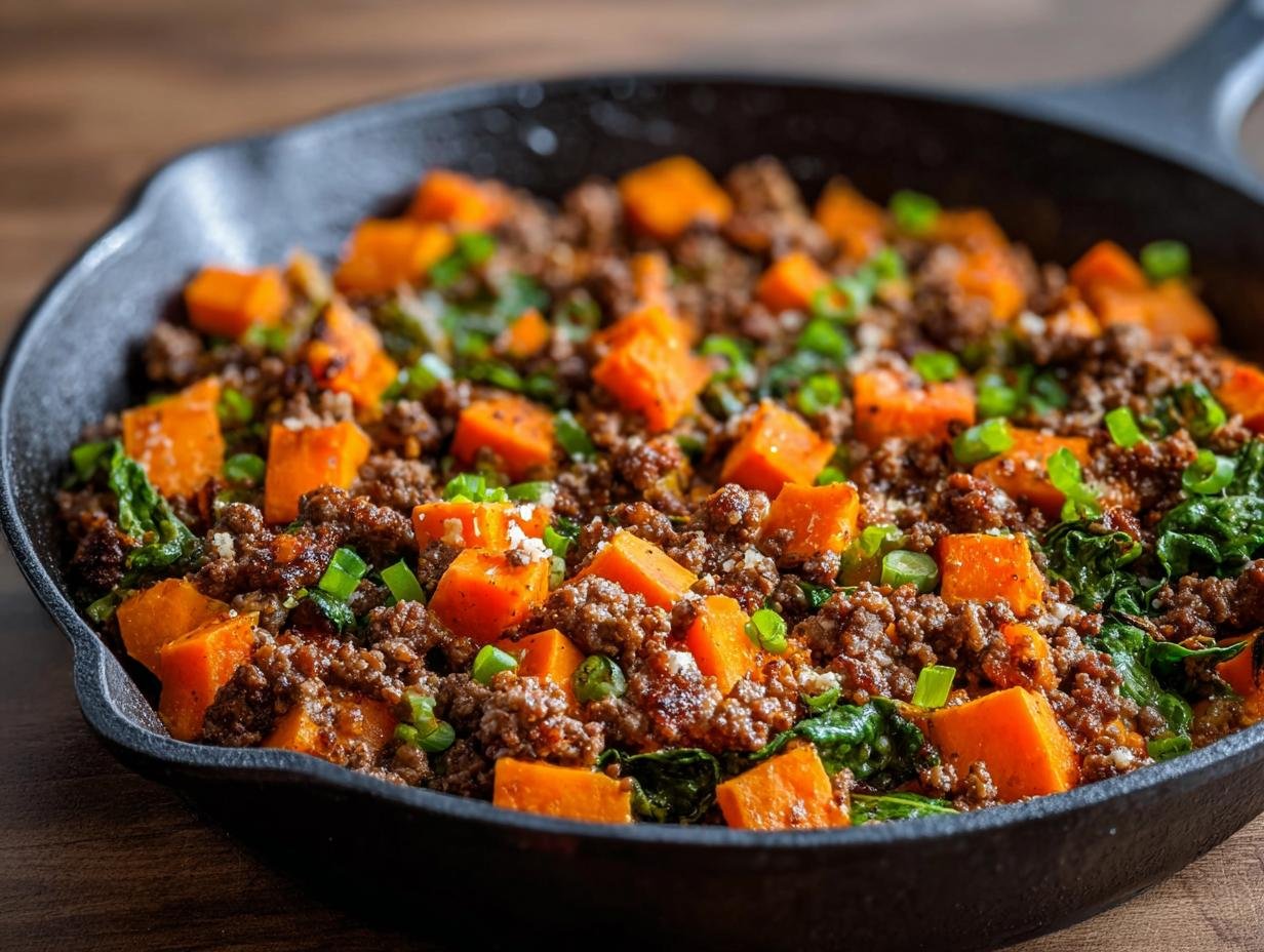 Poêlée de bœuf haché et patate douce coupée en dés, garnie d'oignons verts dans une poêle.