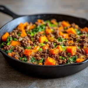 Poêlée Bœuf Haché Patate Douce : 1 plat facile 5 Gros plan d'une poêlée de bœuf haché et patate douce dans une poêle en fonte, garnie d'oignons verts.