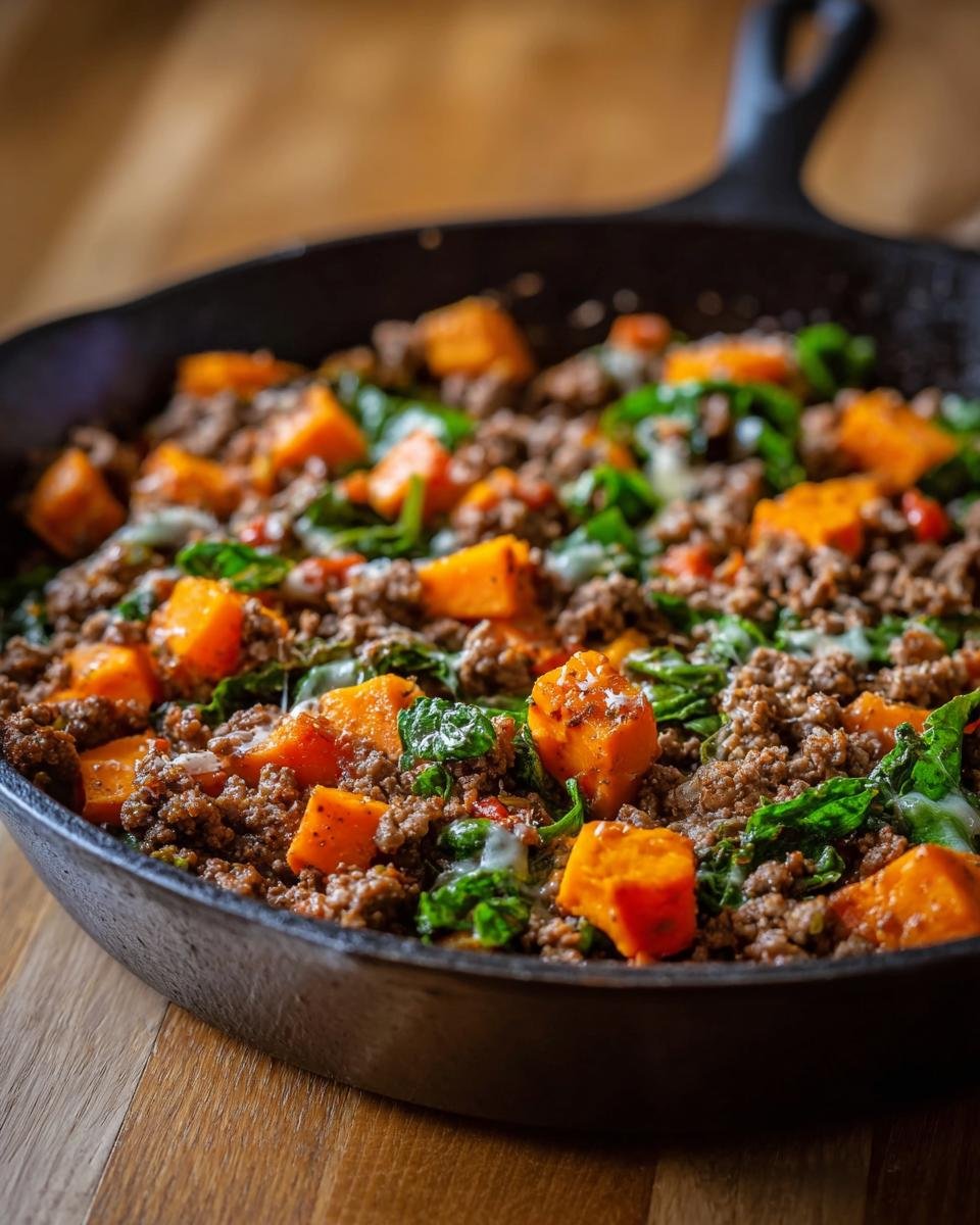 Gros plan d'une poêlée de bœuf haché et patate douce dans une poêle en fonte, avec des éclats de fromage.