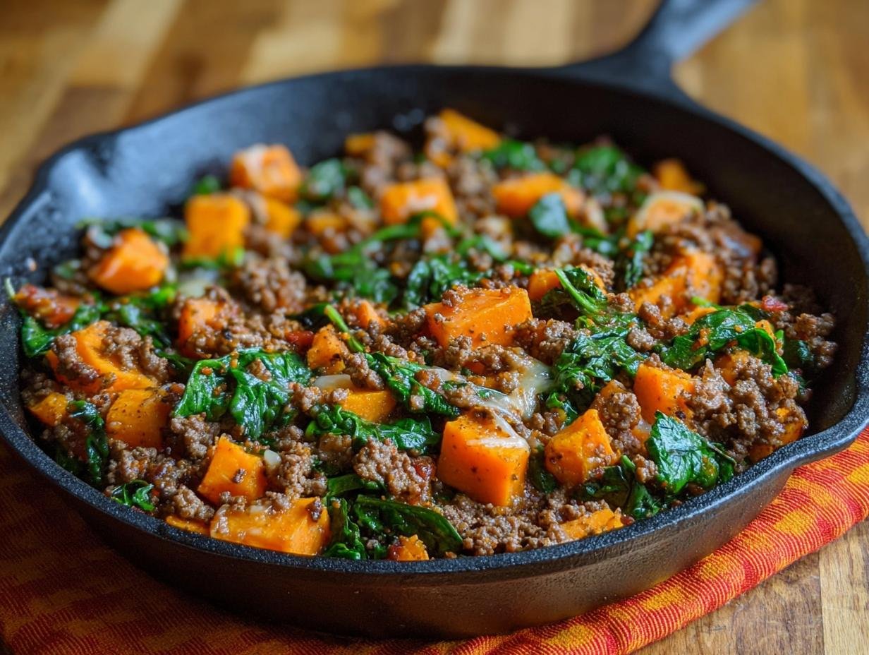 Poêlée de bœuf haché et patate douce avec des épinards dans une poêle en fonte.