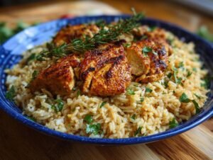Gros plan d'un plat de poulet à l'ail et riz protéiné, garni de persil frais et d'une branche de romarin.