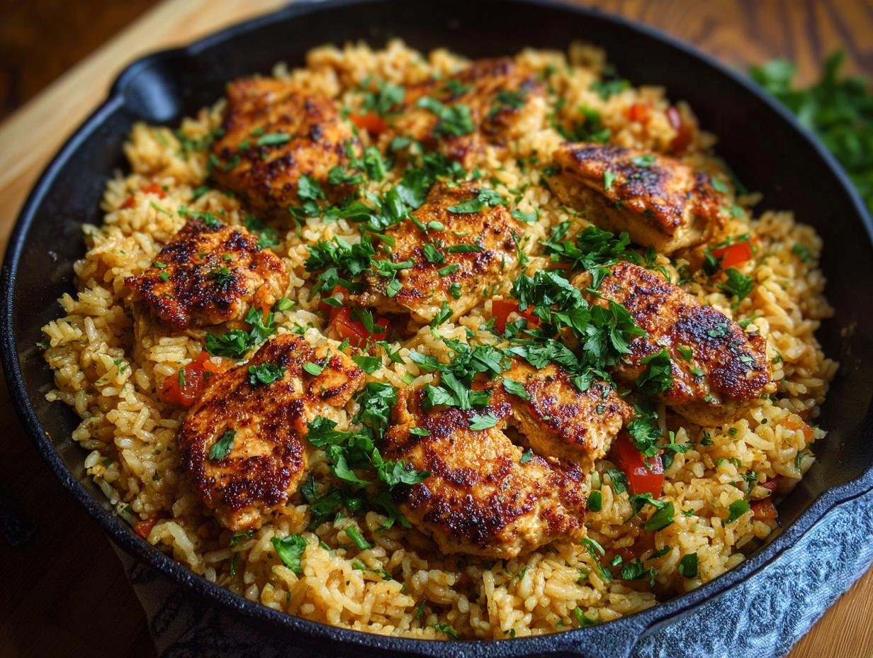 Gros plan d'un plat de poulet à l'ail et riz protéiné, garni de persil frais.