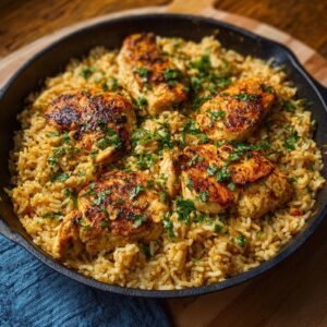 Poulet Ail Riz: 1 Plat Fort Protéiné 5 Gros plan sur un plat de poulet à l'ail et riz protéiné, garni de persil frais, servi dans une poêle.