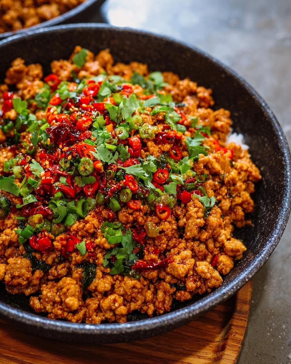 Gros plan d'un bol de poulet haché épicé garni de piments rouges, d'oignons verts et de coriandre.