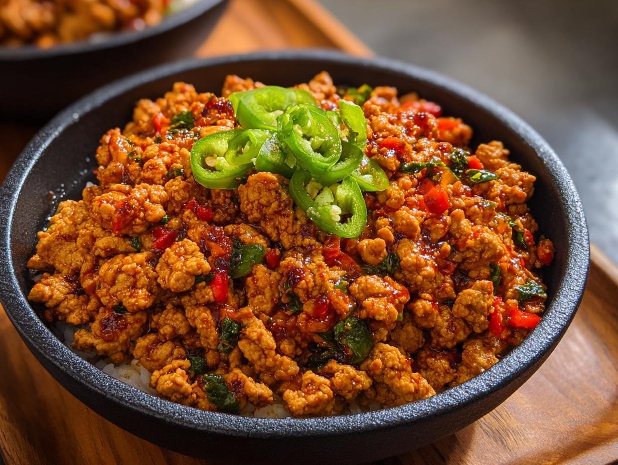 Bol de poulet haché épicé servi sur du riz, garni de rondelles de piment vert.