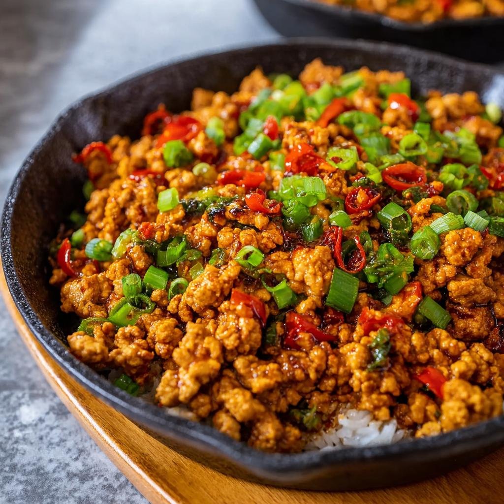 Gros plan d'un plat de poulet haché épicé garni de ciboule et de piments.