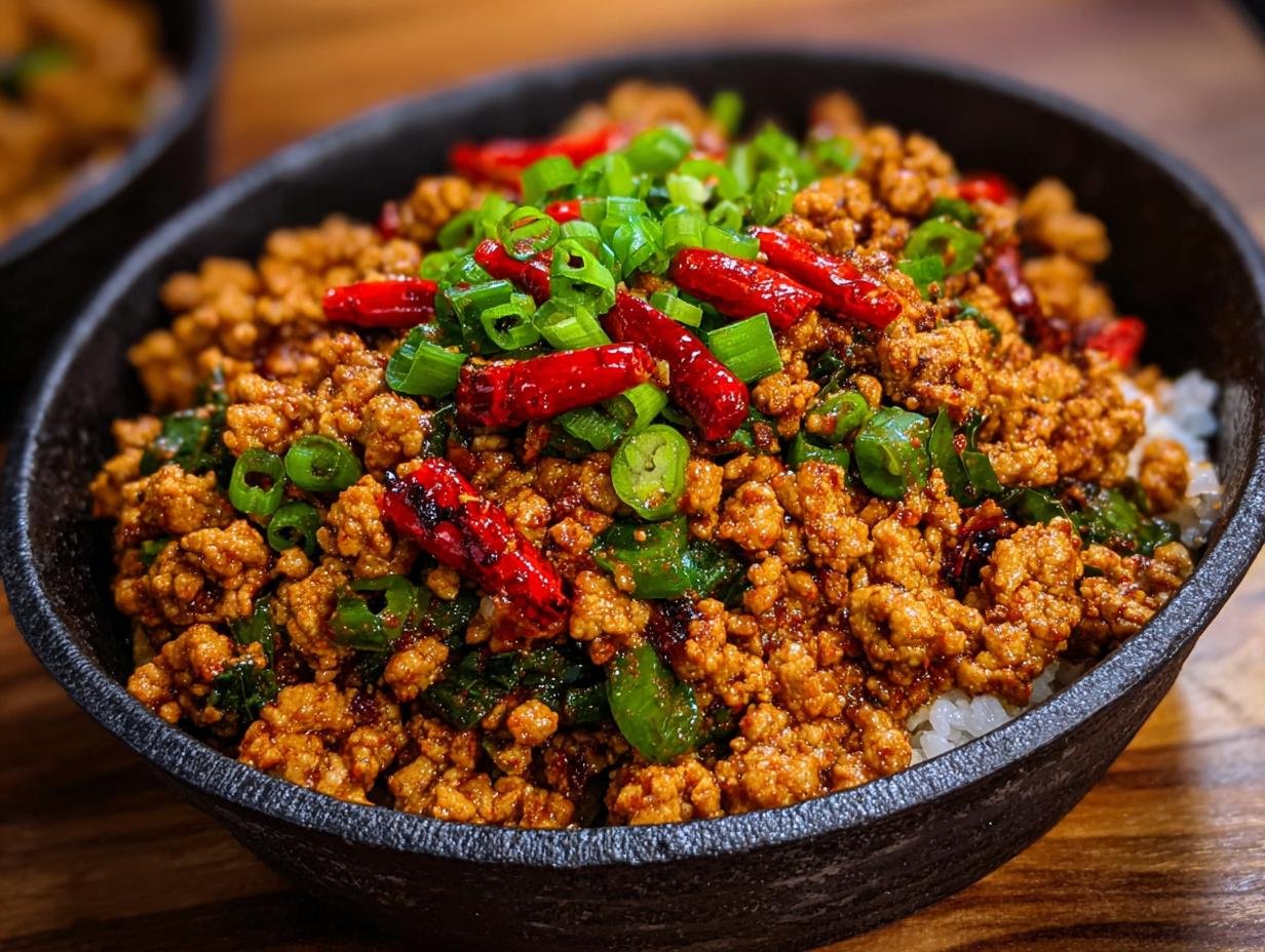 Gros plan d'un bol de poulet haché épicé servi sur du riz blanc, garni de piments rouges et d'oignons verts.