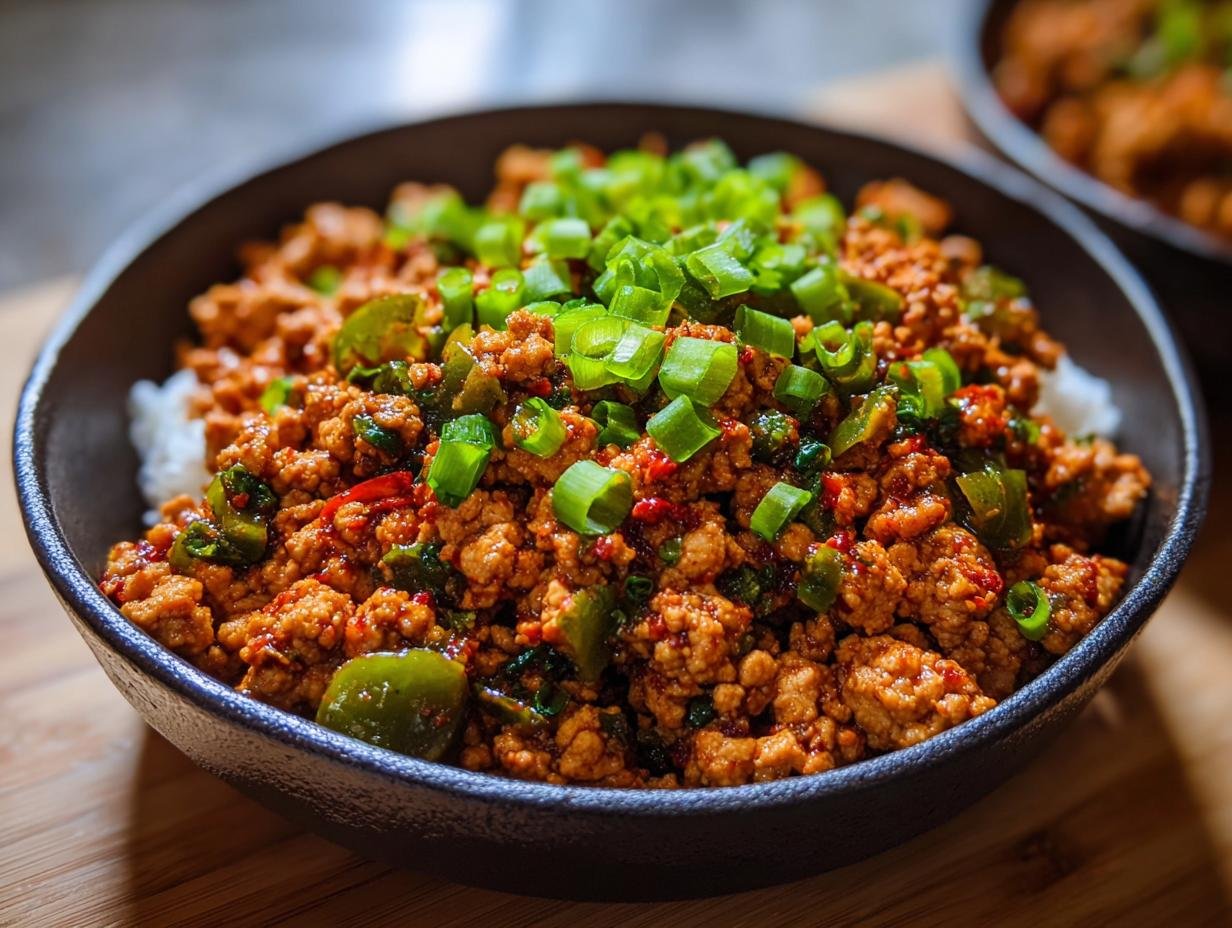 Un bol de poulet haché épicé servi sur du riz blanc et garni de ciboule fraîche.