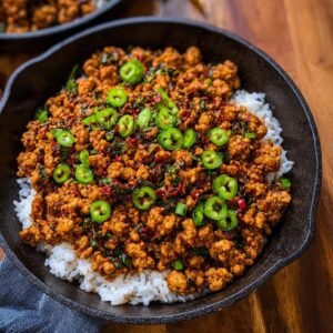 Poulet Haché Épicé : 20 Min Chrono 6 Gros plan sur un plat de poulet haché épicé servi sur du riz blanc, garni de rondelles de piment vert.