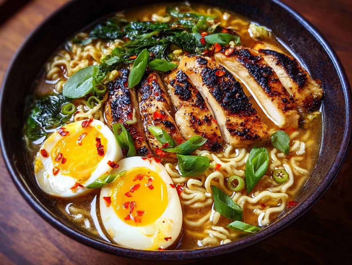 Gros plan d'un bol de ramen au poulet grillé, avec des œufs mollets, des nouilles et des légumes verts.
