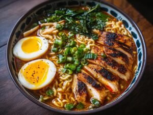 Gros plan d'un bol de ramen au poulet grillé, garni d'œufs mollets et d'oignons verts.