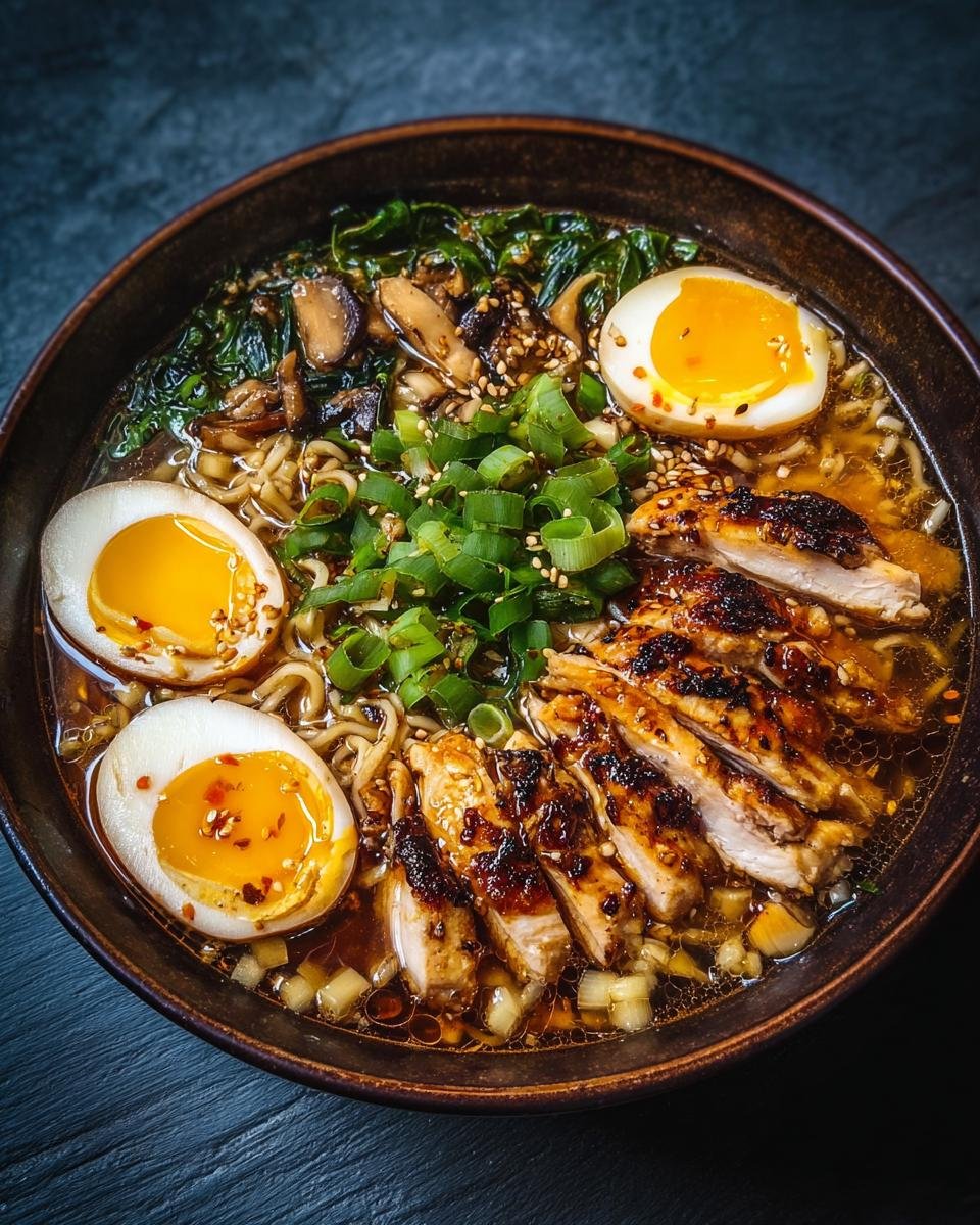 Gros plan d'un bol de ramen au poulet avec des tranches de poulet grillé, des œufs mollets et des légumes verts.