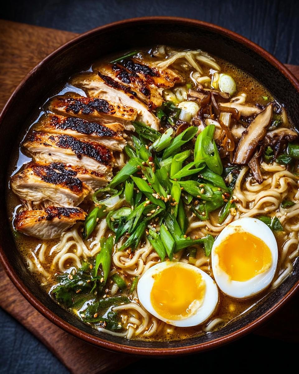 Gros plan d'un bol de ramen au poulet grillé, garni d'œufs mollets, d'oignons verts et de champignons.