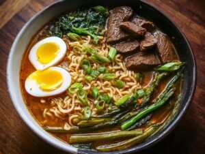 Soupe Ramen Haute Protéine : 5 minutes chrono Bol de ramen haute protéine avec nouilles, tranches de bœuf, œuf mollet, asperges vertes et oignons verts.