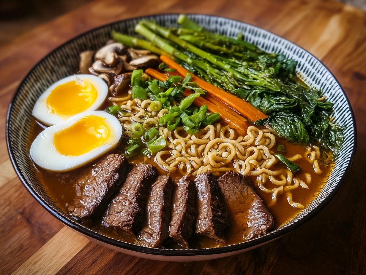 Bol de ramen haute protéine avec tranches de bœuf, œufs mollets, nouilles, légumes verts et carottes.